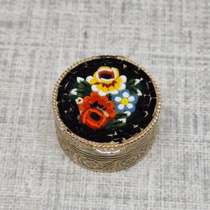 Micro Mosaic Pill Box ~ Black with Red and Yellow Flowers