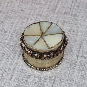 Silver Tone Pill Box with Mother of Pearl Inlay Lid