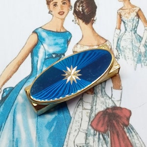 RESERVED ~~ Stratton Lipstick Case in Gold Tone with Blue Enamel and an Engraved Starburst ~ Mid Century Pop-up Lipstick Mirror