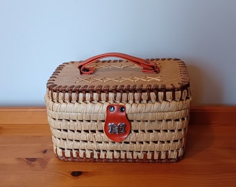 Vintage Woven Raffia and Wood Box Bag with Orange Top Handle and Tab ~ Basket Weave Purse