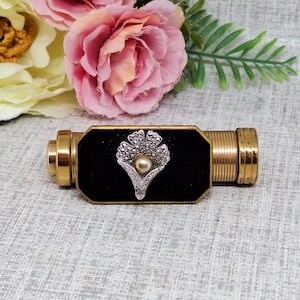 Estuche para lápiz labial Fortuna ASB ~ Esmalte negro con lirio de marcasita ~ con espejo desplegable ~ Vintage de mediados de siglo