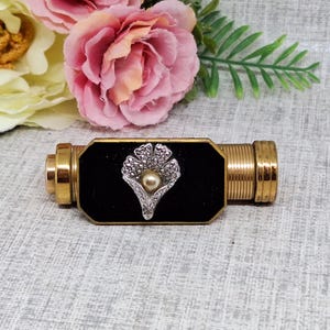 Fortuna ASB Lipstick Case ~ Black Enamel with Marcasite Lily ~ with Pop-up Mirror