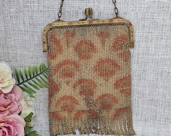 Sac à main en maille antique ~ clapet des années 1920 ~ motif orange et or art déco