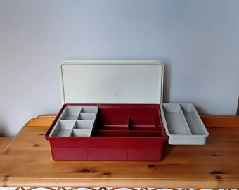 Tupperware Craft Sewing Hobby Storage Box ~ Vintage 1970s ~ Burgundy & Cream ~ Fishing Embroidery Painting Makeup Organiser