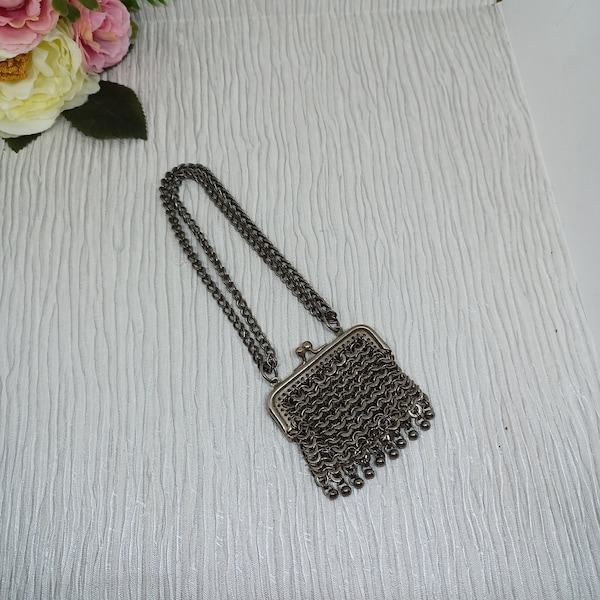 Antique Chainmail Coin Purse on Long Link Chain Handle ~ Small Art Deco Silver Tone Metal Sovereign Purse