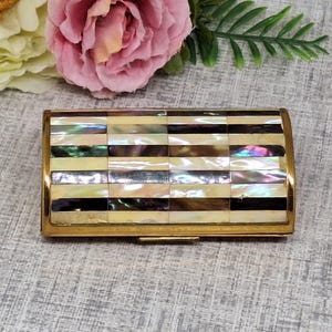 Estuche para cigarrillos Ronson ~ Tapa de nácar y concha de abulón ~ Soporte para pintalabios