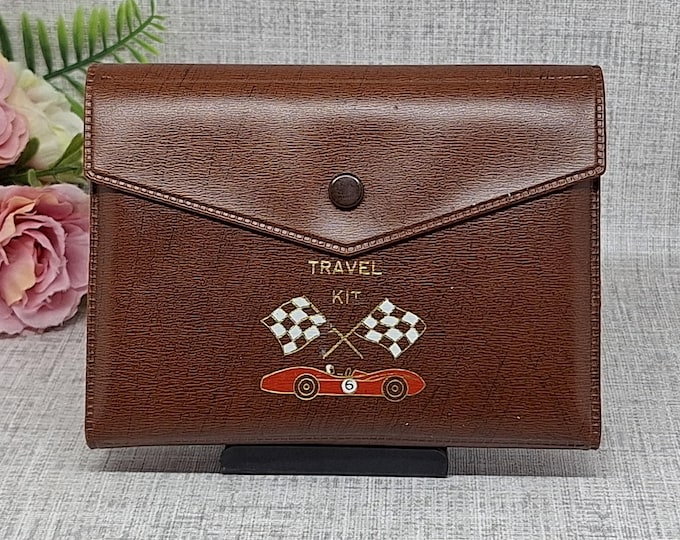 Gentleman's Travel Kit ~ Comb Mirror Razor Scissors Set ~ Vintage ~ Racing Car on Brown Faux Leather
