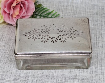 Glass Trinket Box with Silver Tone Pierced Work Lid