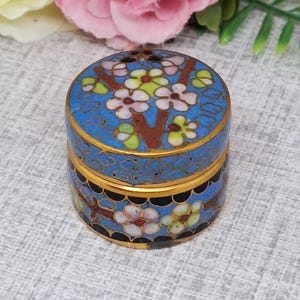 Cloisonné Pill or Trinket Box ~ Butterfly and Flowers ~ Blue with Pink White and Green
