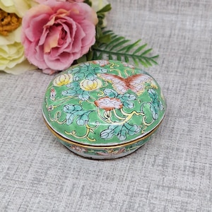 Cloisonne Trinket Box in Green with Pink Butterfly and Flowers ~ Oriental Design