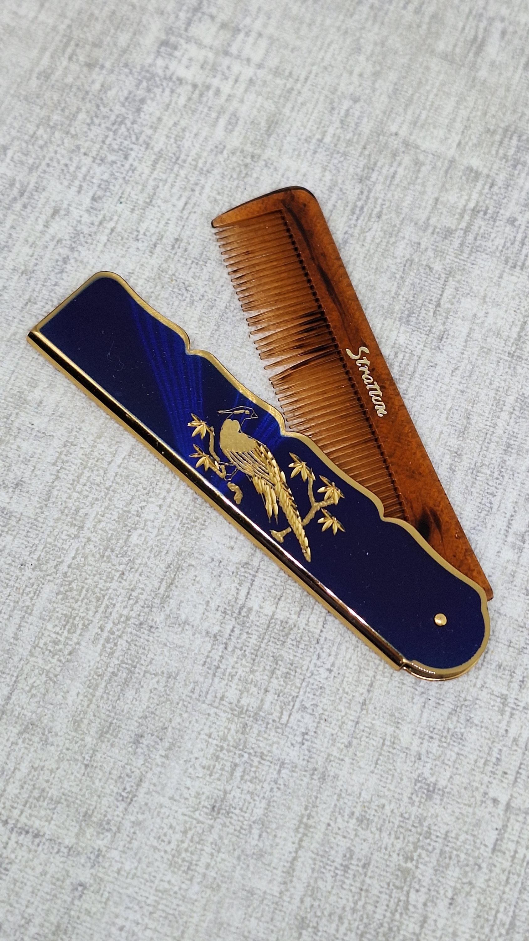 Stratton Comb Stratton Folding Comb ~ Blue Enamel Case With a Gold Tone Peacock Bird ...