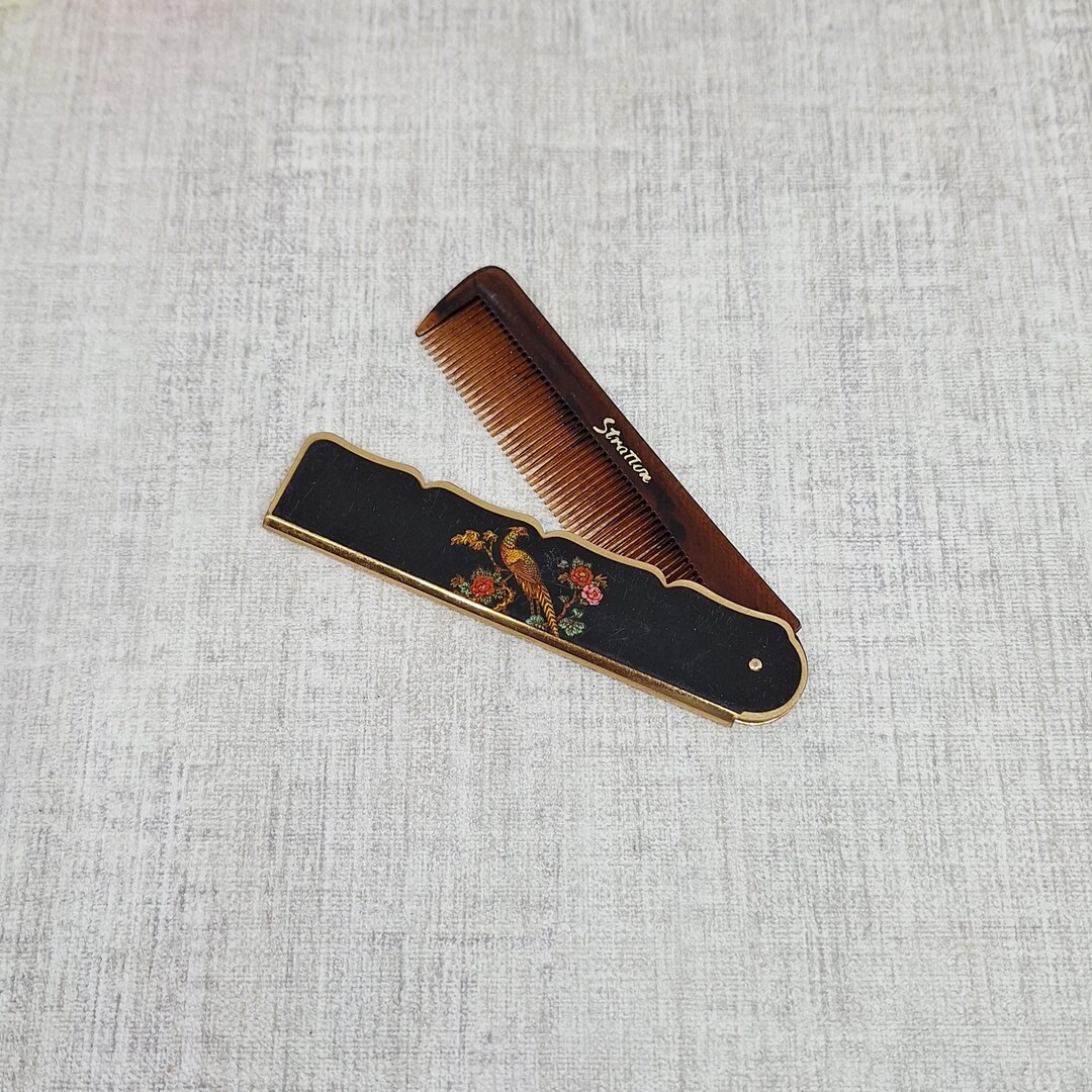 Stratton Comb Stratton Folding Comb ~ Black Enamel With a Pheasant on a Branch and ...