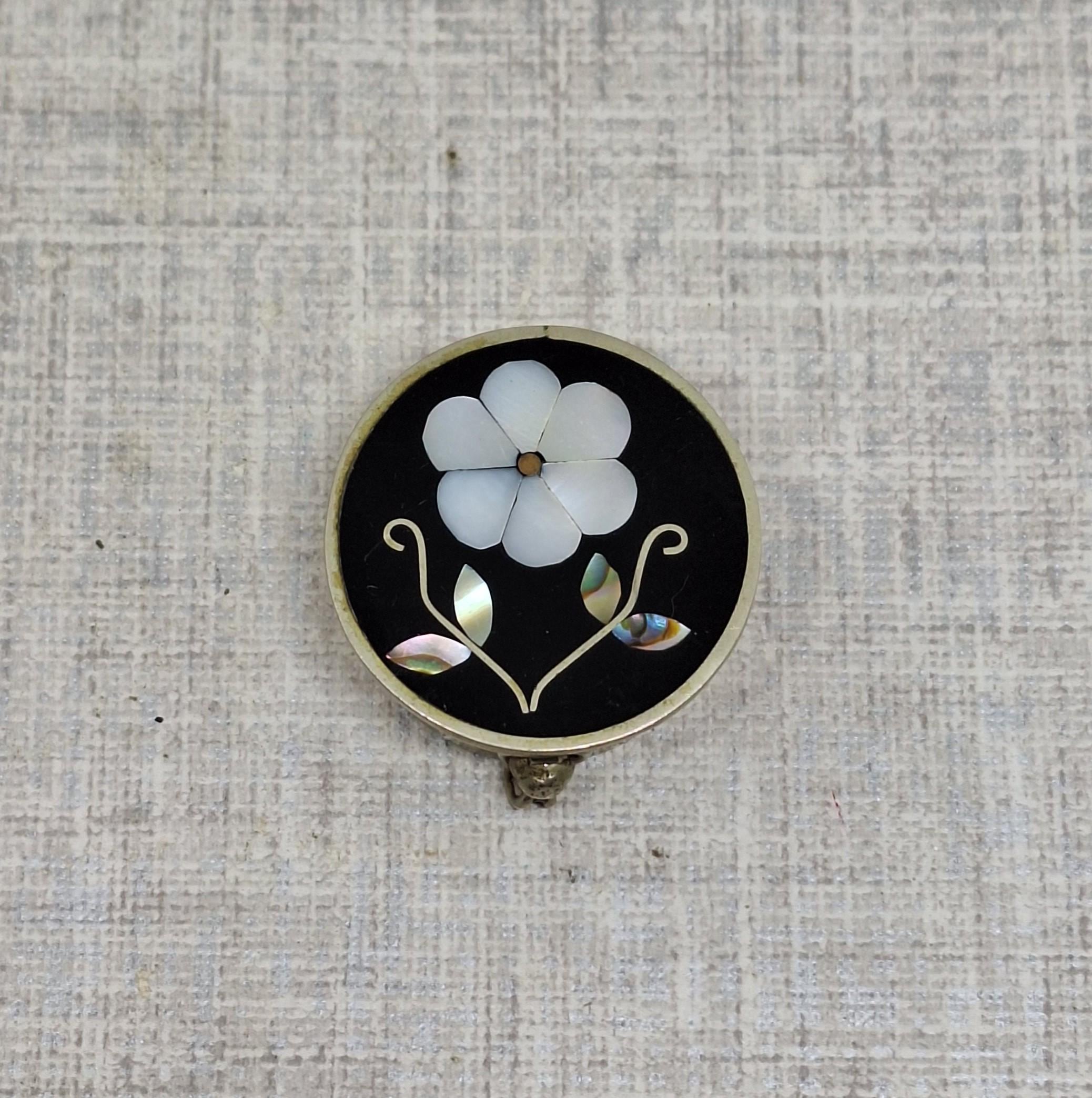 Mexican Alpaca Silver Pill Box with Mother of Pearl Flower ~ Abalone Shell on Black