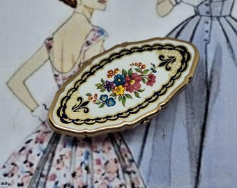 Stratton Lipview Lipstick Clip in White Enamel with Flowers and Blue Fleur De Lis ~ Vintage Vanity Mirror