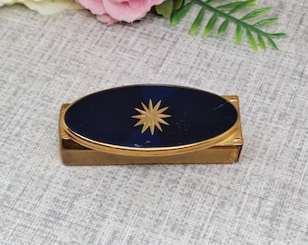 Stratton Lipstick Case ~  Blue Enamel with Engraved Starburst ~ Mid Century Pop-up Lipstick Mirror