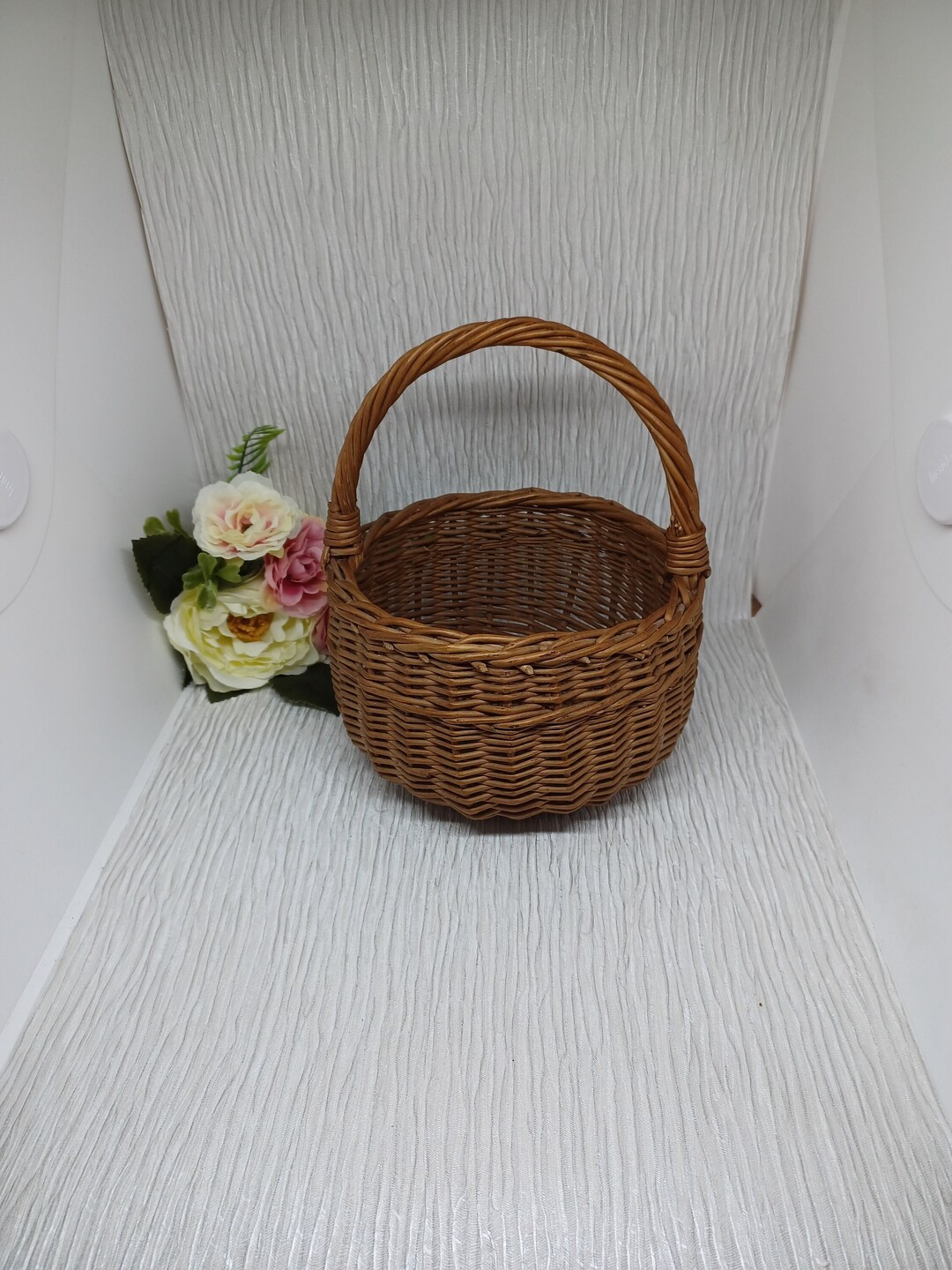 Vintage Small Round Wicker Basket With Handle Shopping Etsy UK