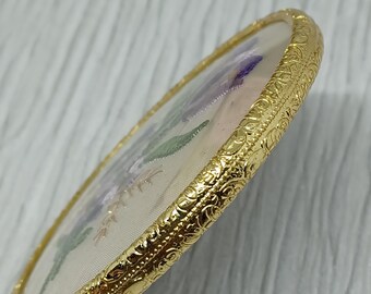ヴィンテージハンドミラー〜紫の刺繍の花付き〜ゴールドトーンのミニ