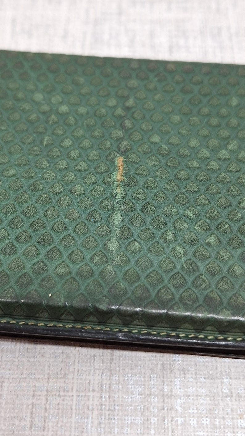 Pu&ograve; includere: Primo piano di un oggetto in pelle verde con un motivo a scaglie. L'oggetto ha un bordo nero e una cucitura visibile. La pelle ha un aspetto invecchiato con qualche scolorimento.