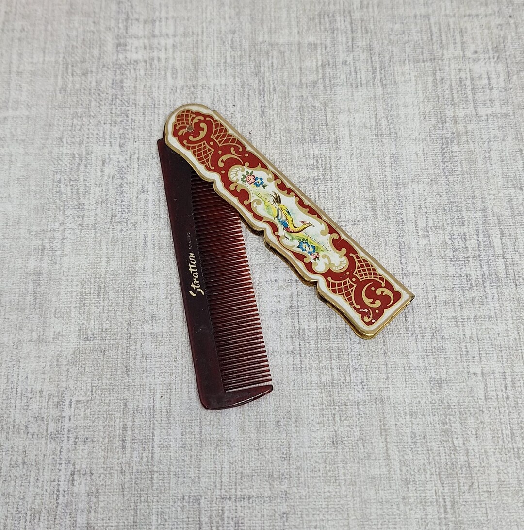 Stratton Comb Stratton Folding Comb ~ Red & White Enamel With a Peacock and Flowers ...