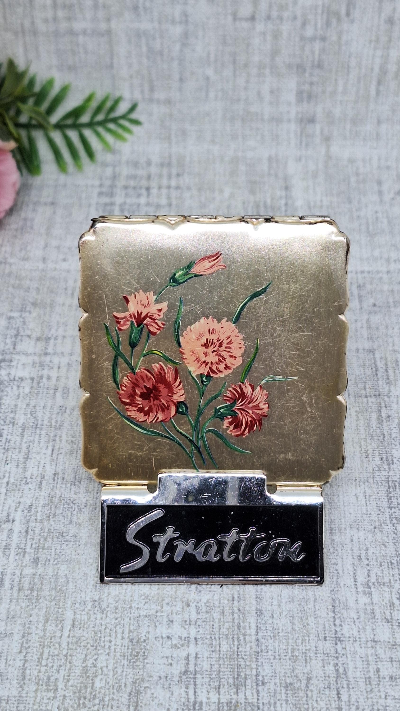 Stratton Square Solid Powder Compact Stratton Royale Powder Compact ~ Silver Tone With Pink Carnations ...