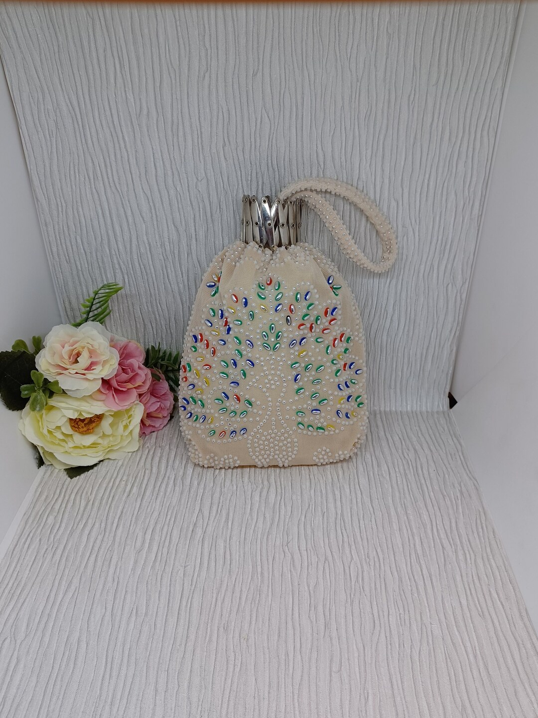 Beggar's Purse Coin Purse Cream White Beaded Peacock Etsy