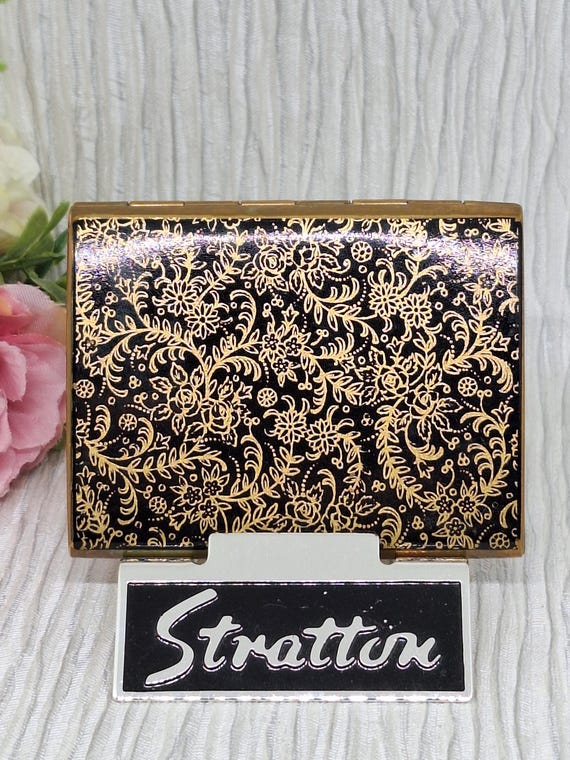 stratton cigarette case Stratton Cigarette Case in Black Enamel With Gold Flowers & Leaves Pattern  ~ From the Party Case ~ Vintage 1950s