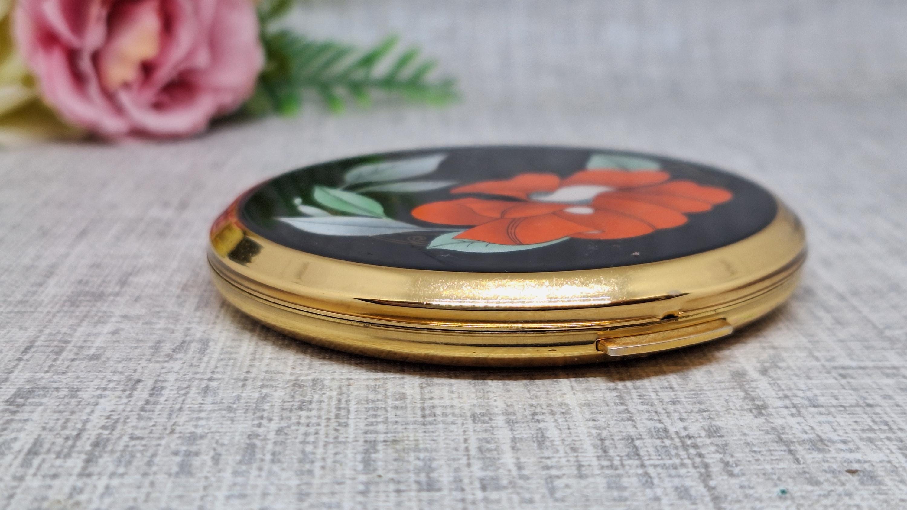 Stratton Powder Compact in Black Enamel With a Red Flower ~ 'mini