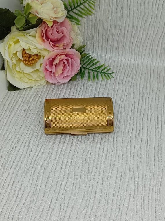 kigu cigarette case Kigu Cigarette Case ~ Gold Tone With Engine Turned Pattern & Blank  Cartouche ~ Mid Century Lipstick Holder