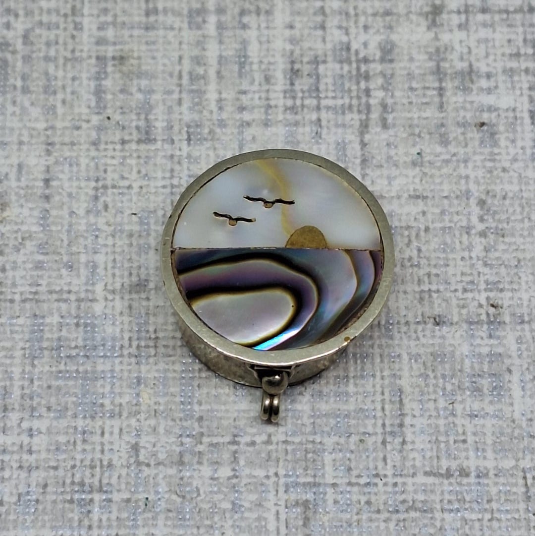 Mexican Silver Abalone & Mother of Pearl Pill Box With Birds and Sunset ...