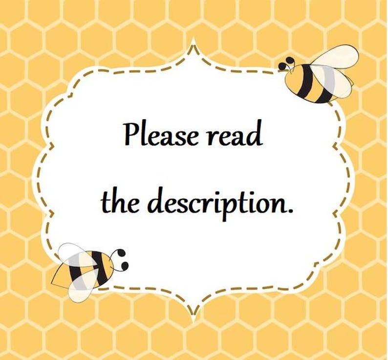 May include: A decorative white sign with a dotted border and the text "Please read the description." Two cartoon bees are on the sign, set against a yellow honeycomb background.