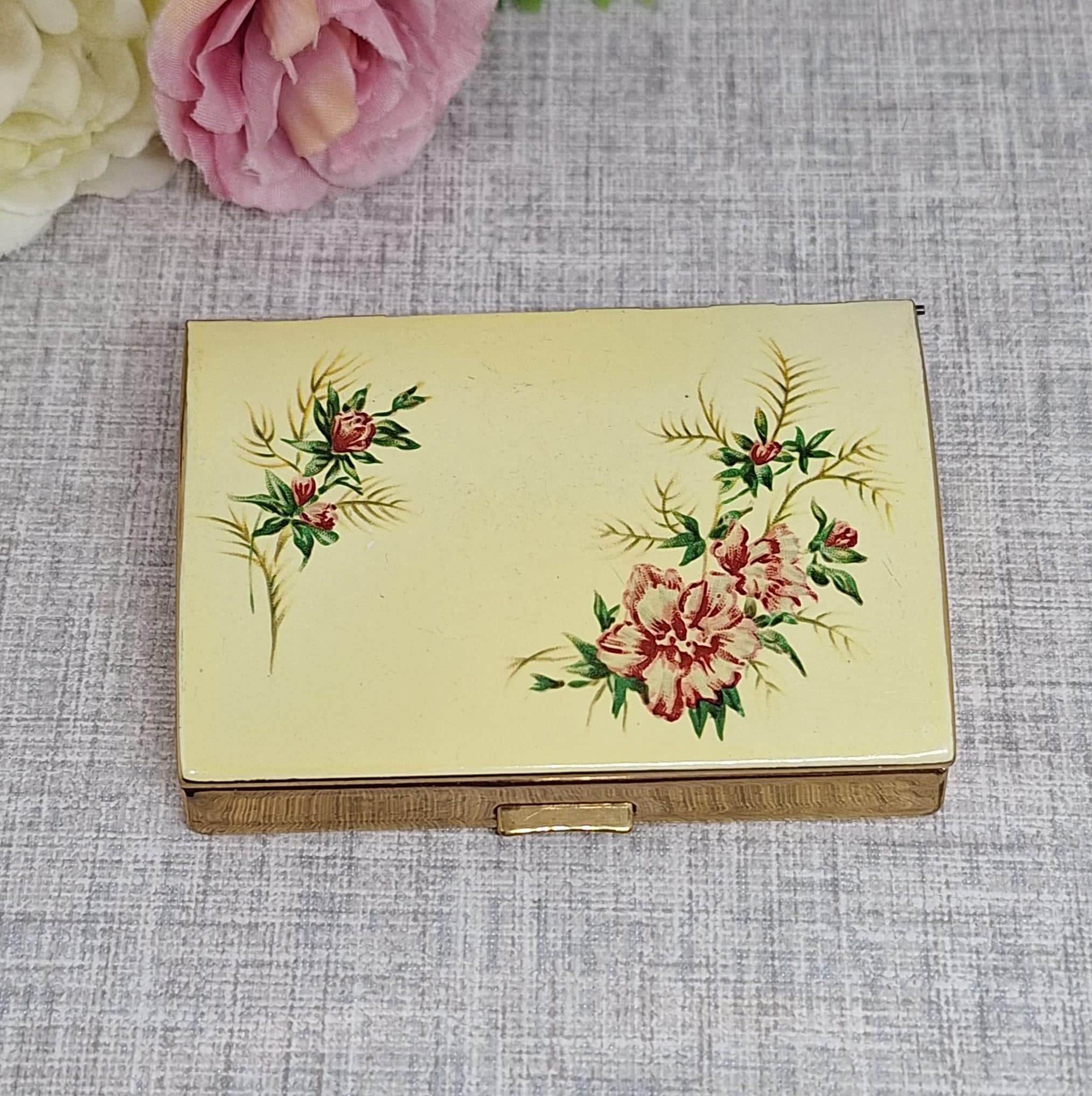 Vintage Melissa Cigarette Case in Cream Enamel with Pink & White Flowers  and Green Leaves ~ Mid-Century Tobacciana