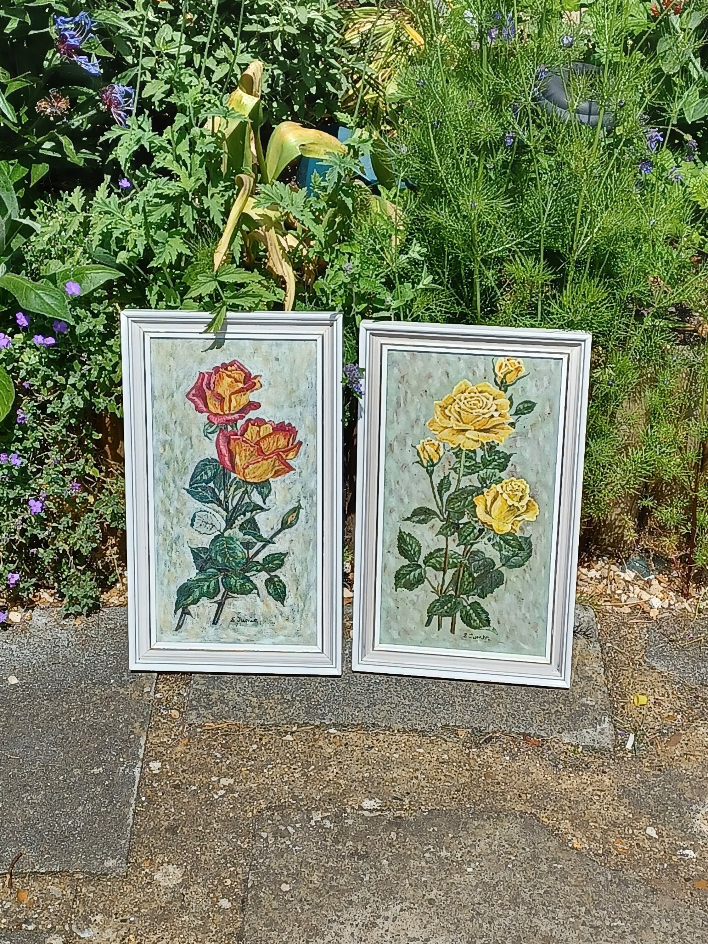 S.ターナーのサイン入り赤と黄色のバラのオリジナル油絵2枚組