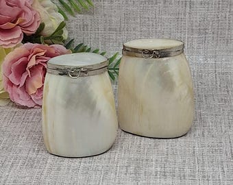 Vintage parelmoer pootset ~ echte schelpen zout- en pepervaatjes