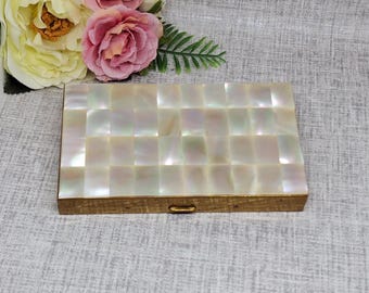 Estuche vintage de nácar para cigarrillos, compacto y tubo de lápiz labial ~ Estuche para fiestas ~ Todo en uno ~ Estuche para todo ~ Estuche para guardar todo ~ Estuche para guardar todo
