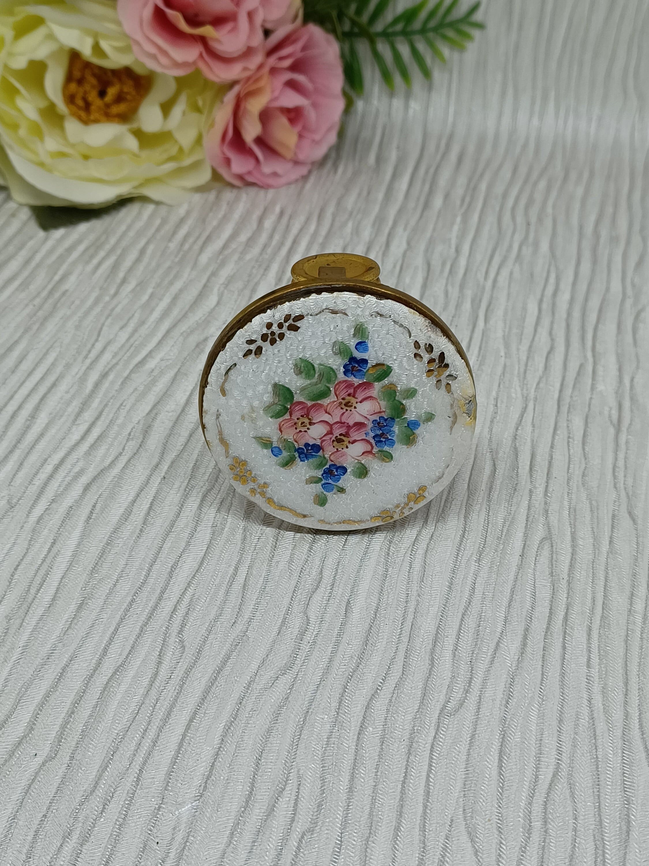 Guilloche Lipstick Case ~ Hinged Mirror White Enamel with Pink and Blue Flowers ~ Lollipop Lipstick Holder