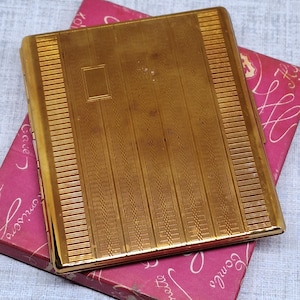 Kigu Cigarette Case in Engine Turned Gold Tone Metal  ~ Vintage 1970s ~ In Original Box