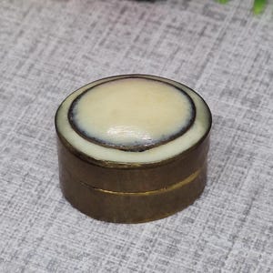 Pill box ~ Brass with White and Blue Lid ~ Small Oval Snuff Box