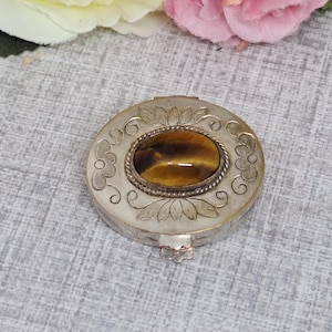 Silver Pill Box with a Tigers Eye Stone ~ Oval Trinket Box