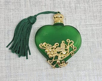 Emerald Green Glass Perfume Bottle with Gold Tone Floral Decoration and Tassel ~ Heart Shape
