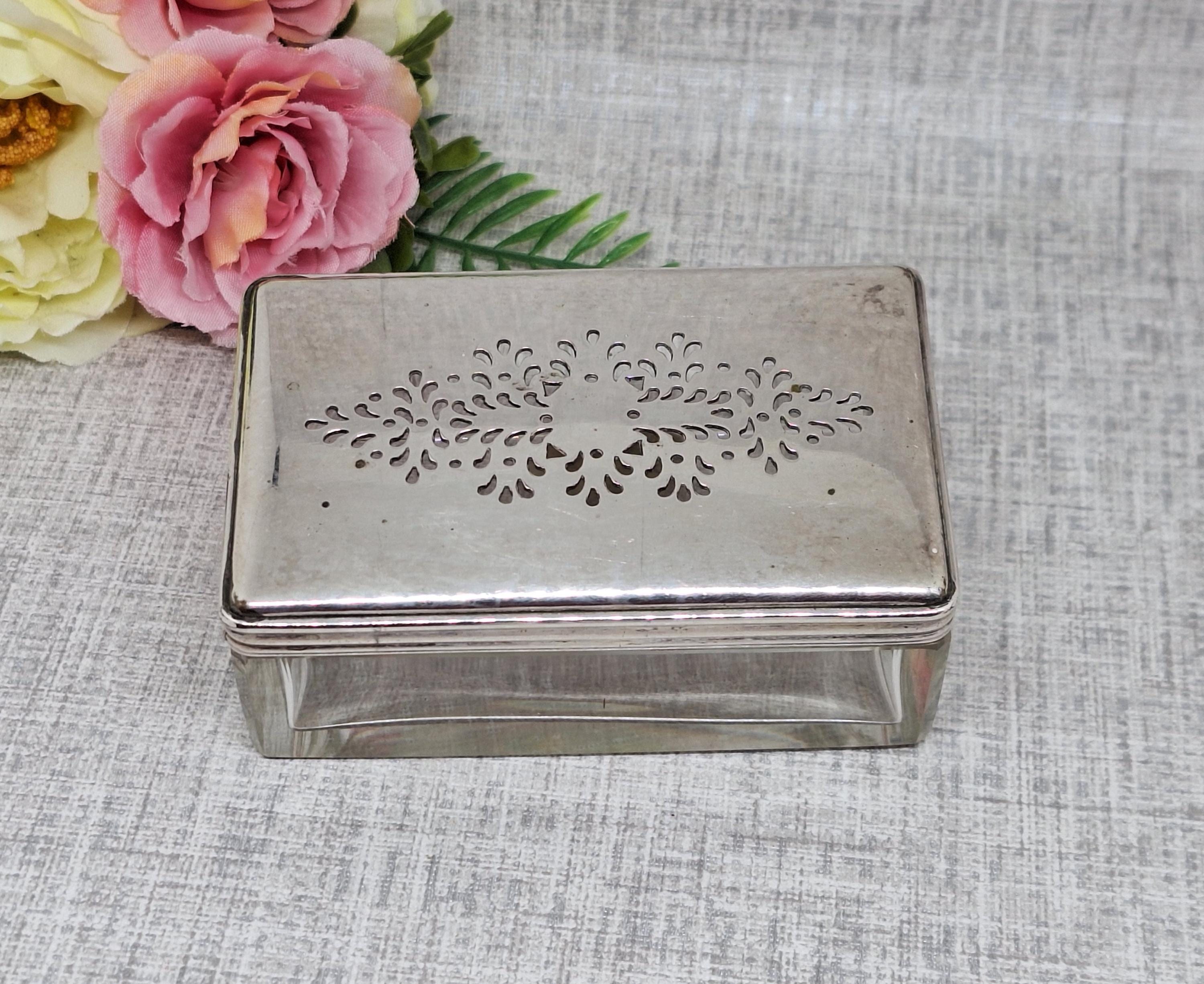 Glass Trinket Box with Silver Tone Lid with Pierced Work Lid ~ Dressing Table ~ Powder Jar