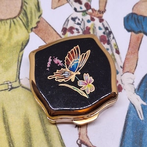 Stratton Pill Box in Black Enamel with a Red and Blue Butterfly with Gold Outline ~ Vintage Mini Box