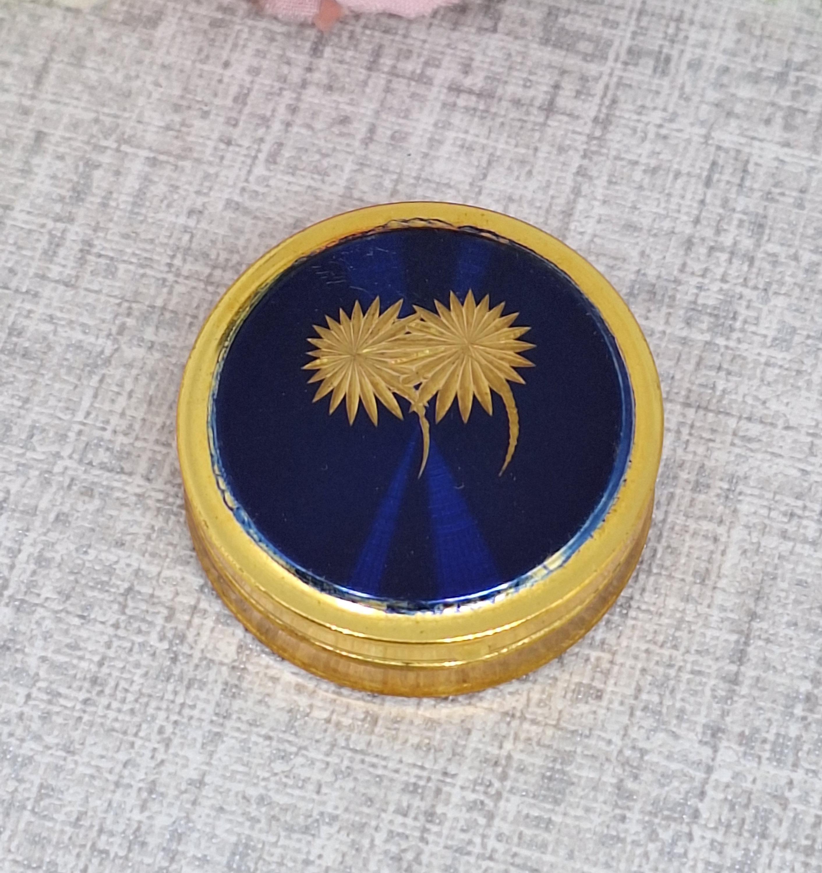 Margaret Rose Pill Box in Blue Enamel with Gold Tone Fireworks or Seedheads ~ Vintage Keepsake Trinket Box