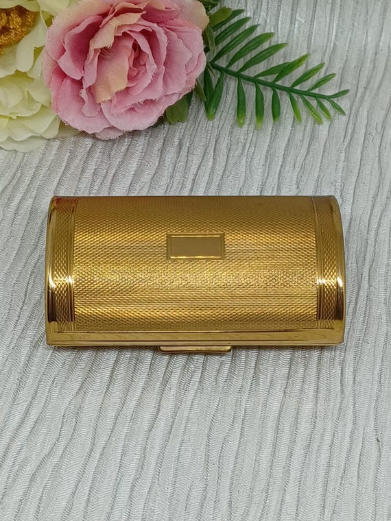 Kigu Cigarette Case ~ Gold Tone With Engine Turned Pattern & Blank  Cartouche ~ Mid Century Lipstick Holder