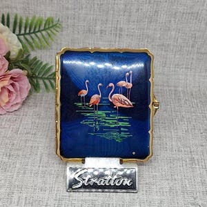 Stratton Cigarette Case in Blue Enamel With Pink Flamingos in Green Water ~  Vintage 1940s/50s