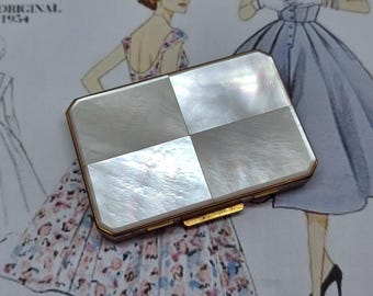 Espejo compacto Stratton Powder Compact con tapa de mosaico de nácar ~ Espejo compacto vintage en forma de estrella o losa