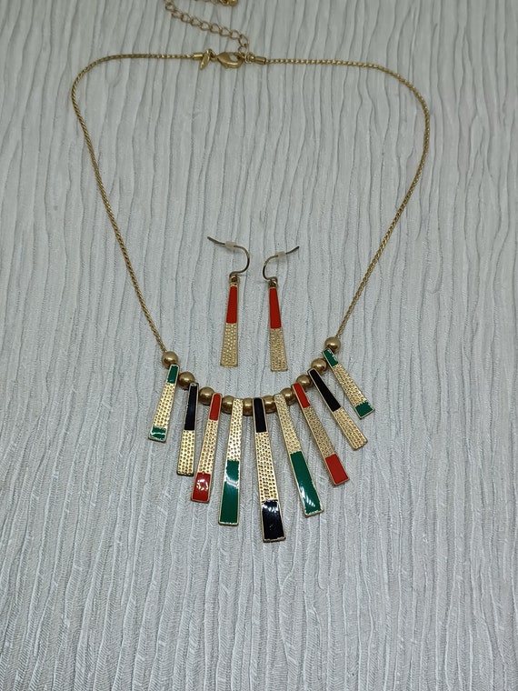Avon Necklace & Earrings Set ~ Gold Tone with Red Green and Black Enamel ~ 1980s Jewellery
