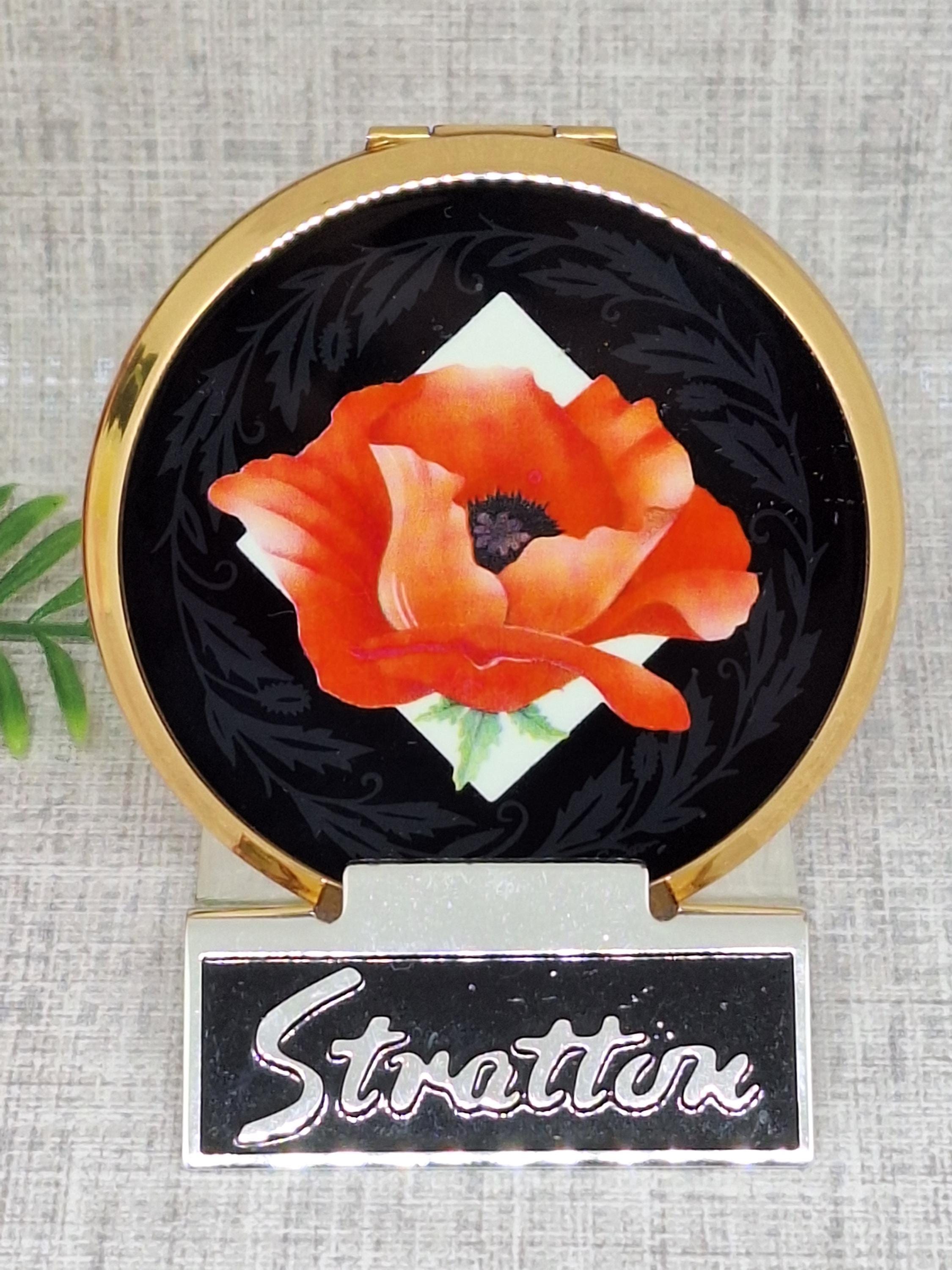 未使用品 Ameri vintage BACKPLEATSTRENCH Stratton Powder Compact in Black Enamel With a Red Poppy