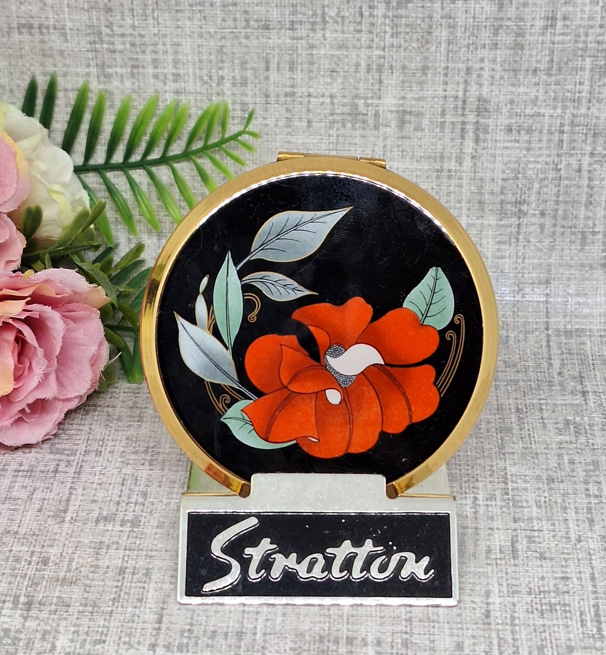 Stratton Powder Compact in Black Enamel With a Red Flower ~ 'mini