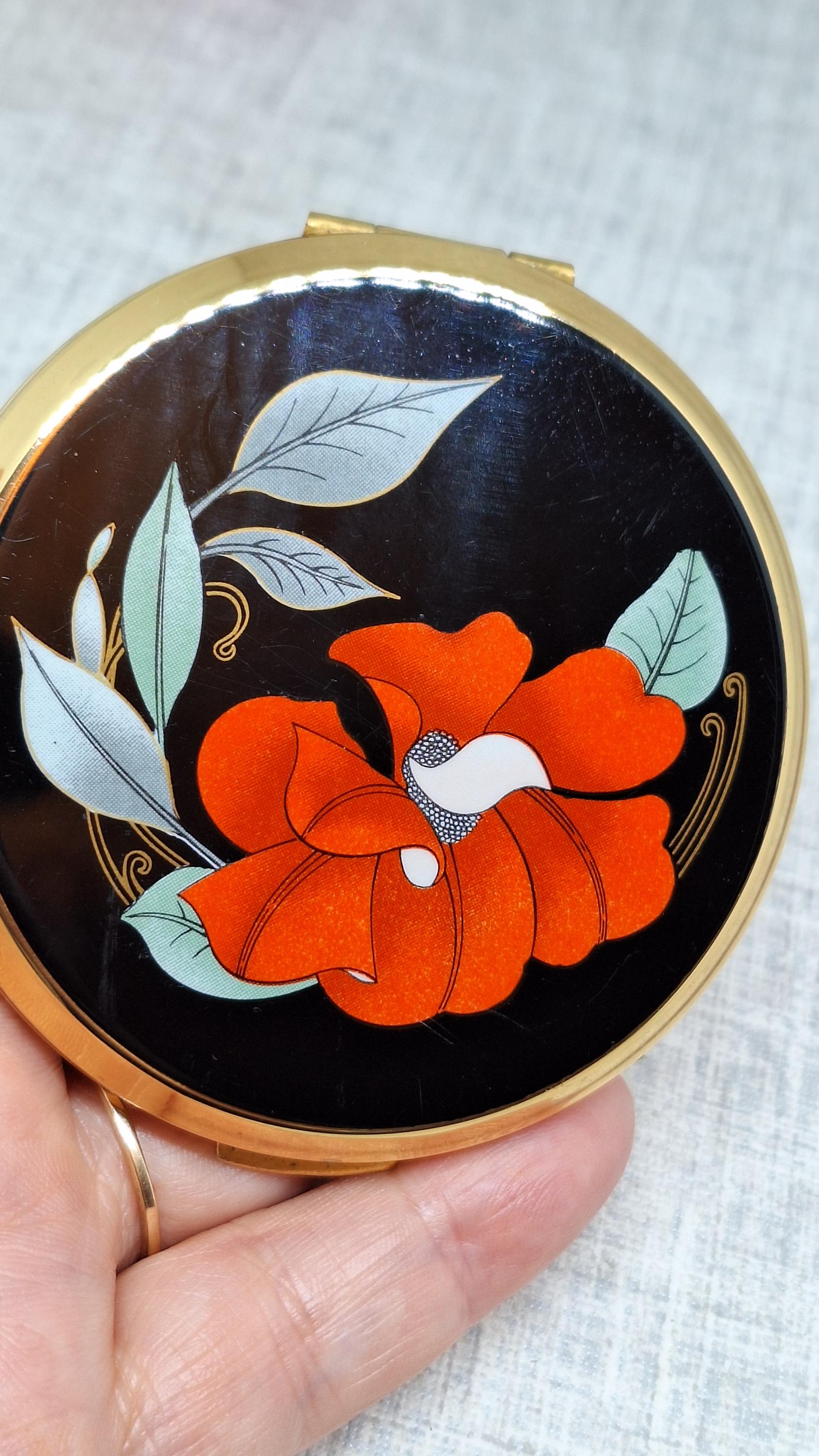 Stratton Powder Compact in Black Enamel With a Red Flower ~ 'mini