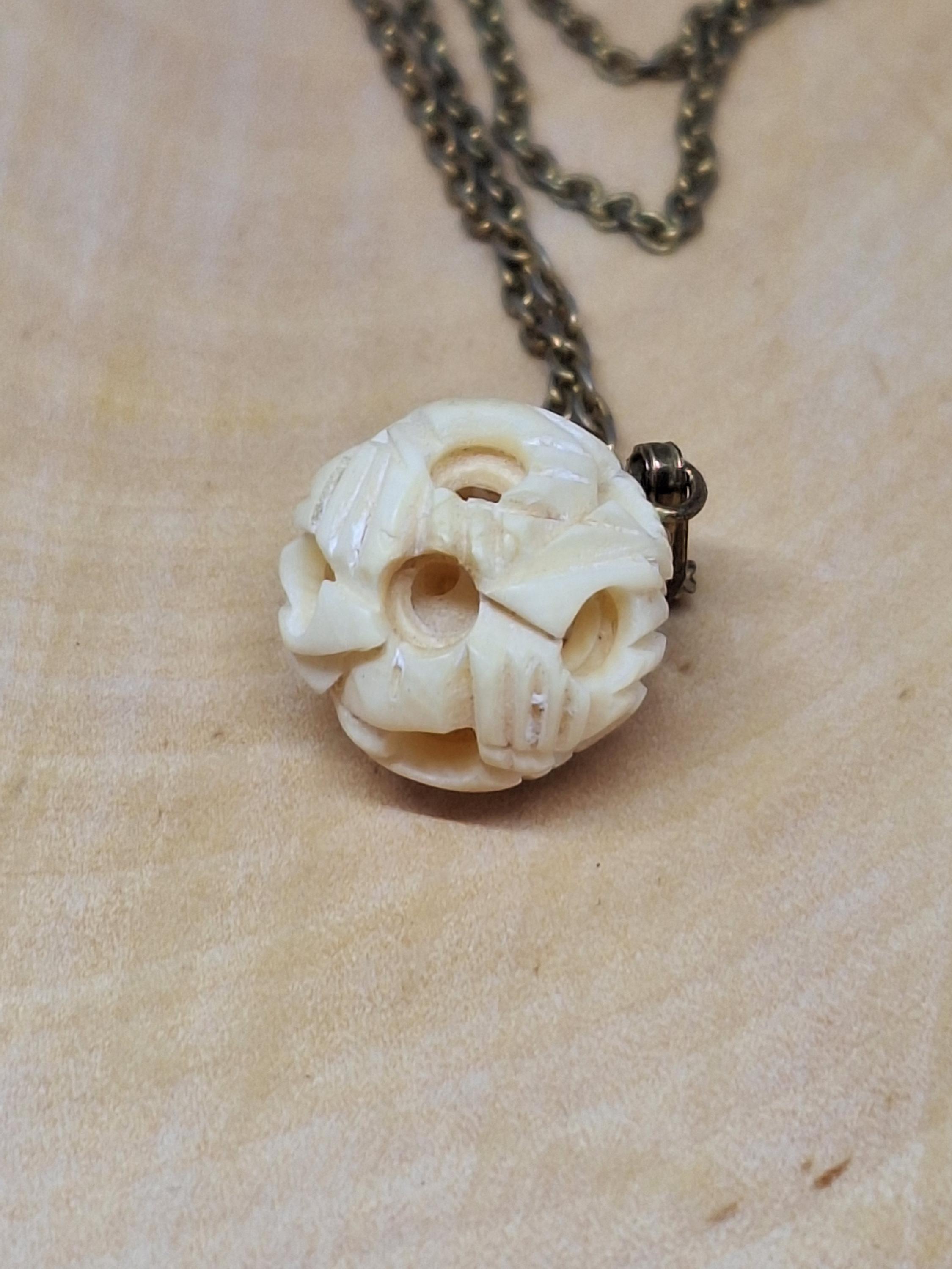 Carved Chinese Puzzle Ball Pendant Necklace ~ Double Sphere